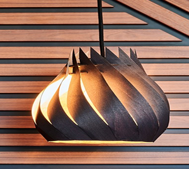 Luminaire suspendu design en bois foncé, détail aménagement intérieur raffiné HAERT Lille.